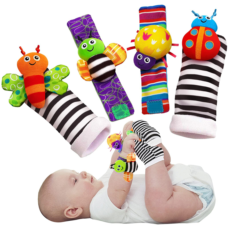 Jouets de hochet de poignet d'animaux en peluche mignons pour bébé, chaussettes de recherche de pied, 0-12 mois, cadeau nouveau-né garçon et fille, ensemble de 4 pièces