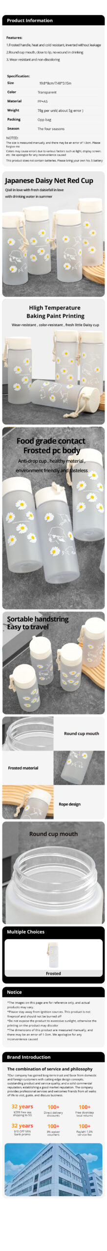 Petites bouteilles d'eau transparentes en plastique, sans BPA, créatives, givrées, avec tasse de thé de voyage Portable, tendance, petite marguerite