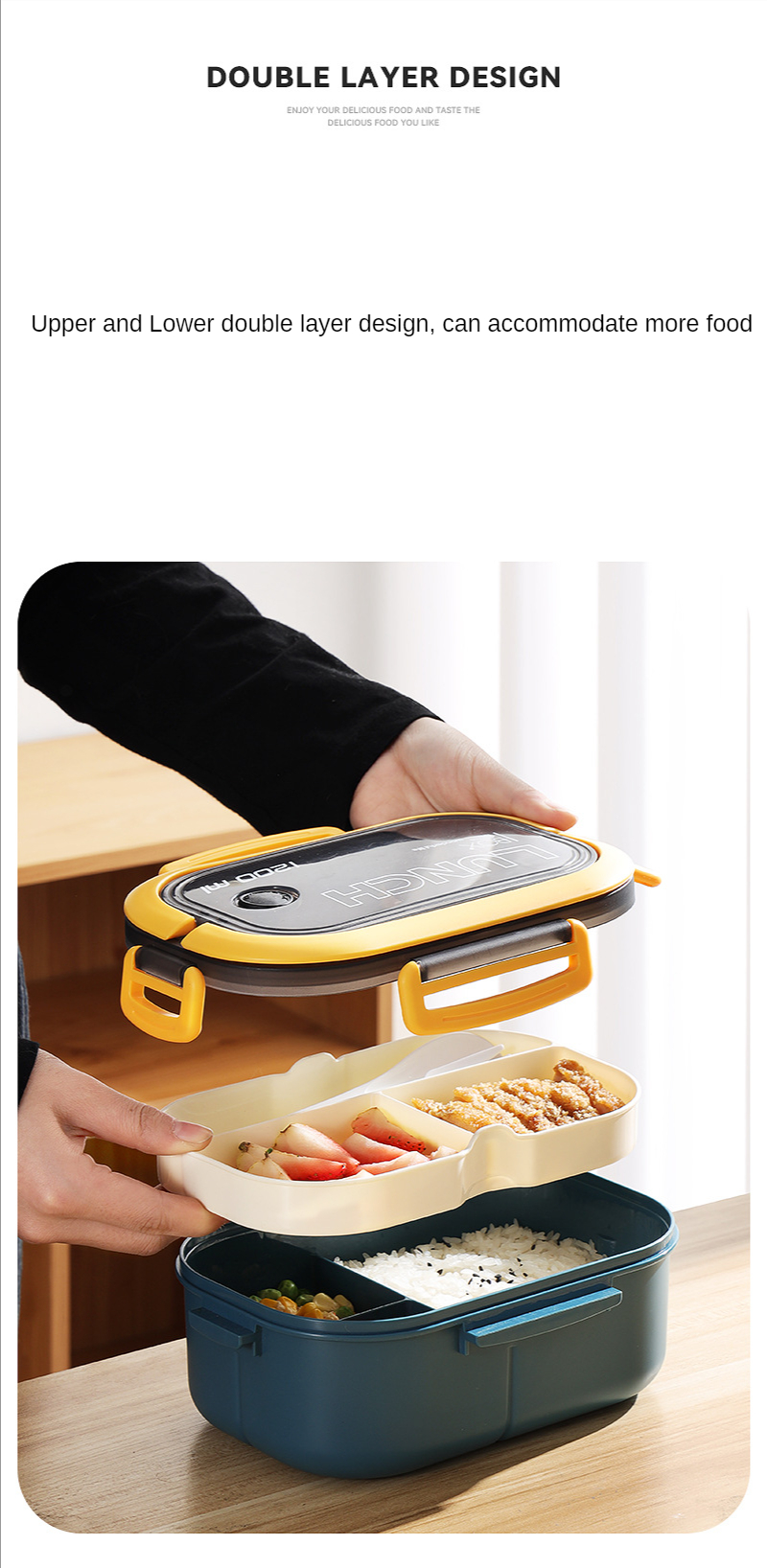 Boîte à Déjeuner Hermétique Portable, Organisateur Bento avec Fourchette Cuillère Anti-fuite Micro-ondes Prévention des Odeurs École, 2 Couches Grille