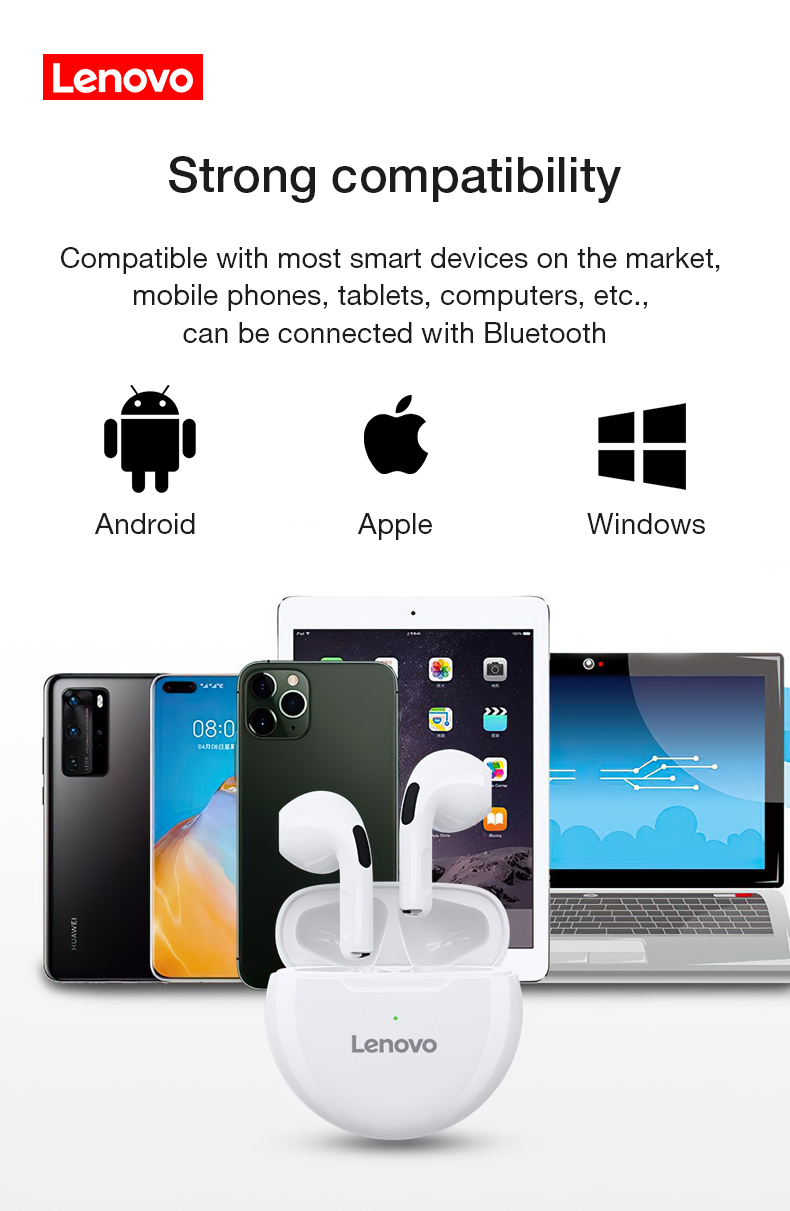 Lenovo-Écouteurs sans fil HT38 TWS bluetooth, mini oreillettes avec micro pour iPhone Xiaomi sport étanche 9D stéréo sauna téléphone