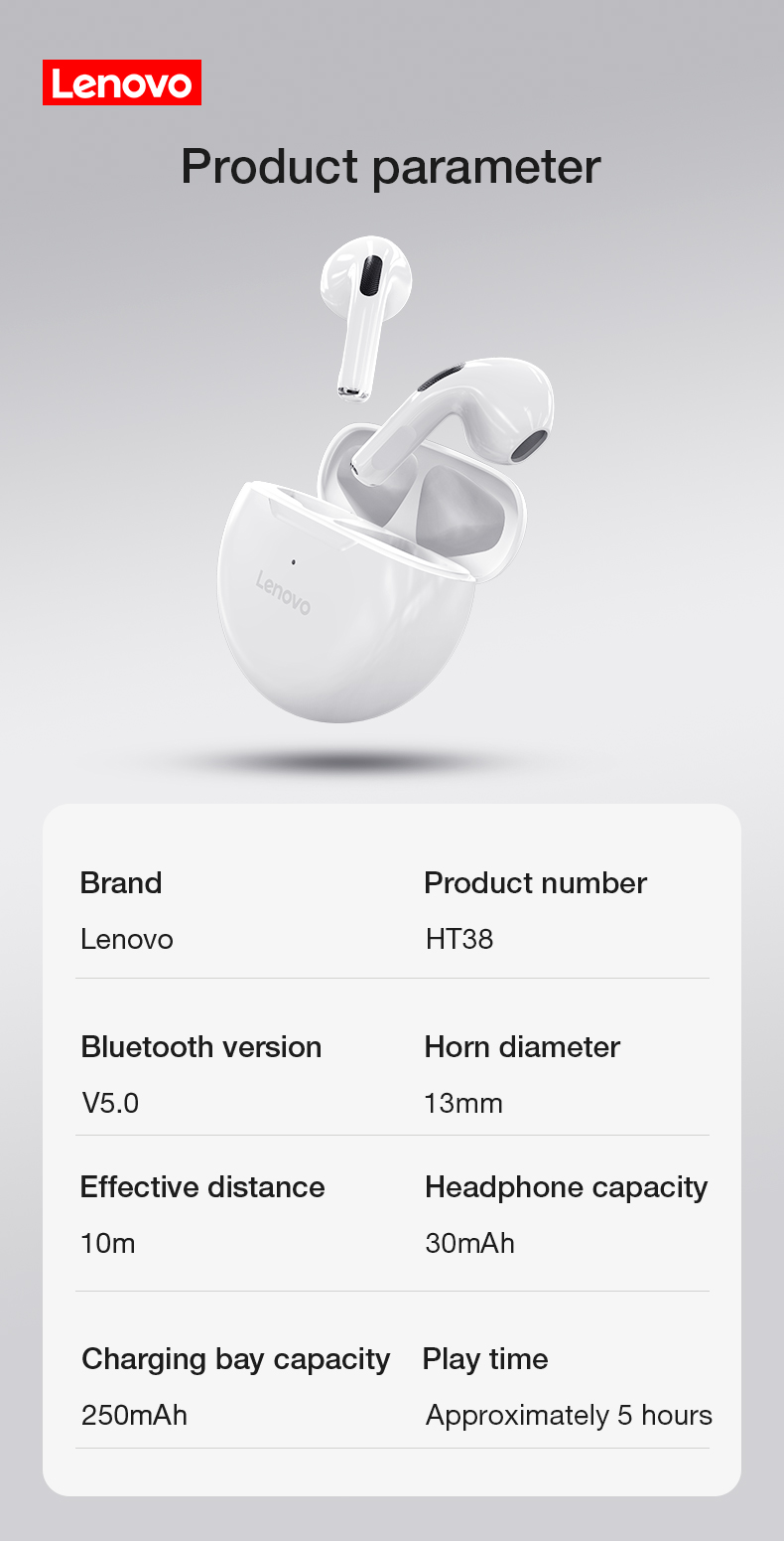 Lenovo-Écouteurs sans fil HT38 TWS bluetooth, mini oreillettes avec micro pour iPhone Xiaomi sport étanche 9D stéréo sauna téléphone